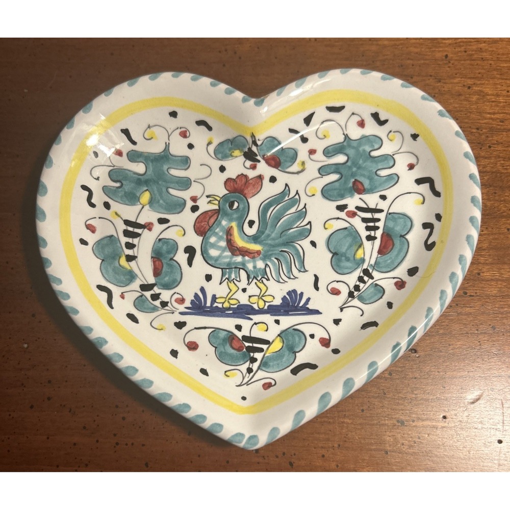 Vintage Sambuco Mario Deruta Rooster Heart Shaped Dish Italy Hand Painted G31